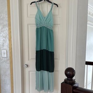 Koko + Mason Aqua & Teal Color Block Maxi Sleeveless v neck Dress Size Small